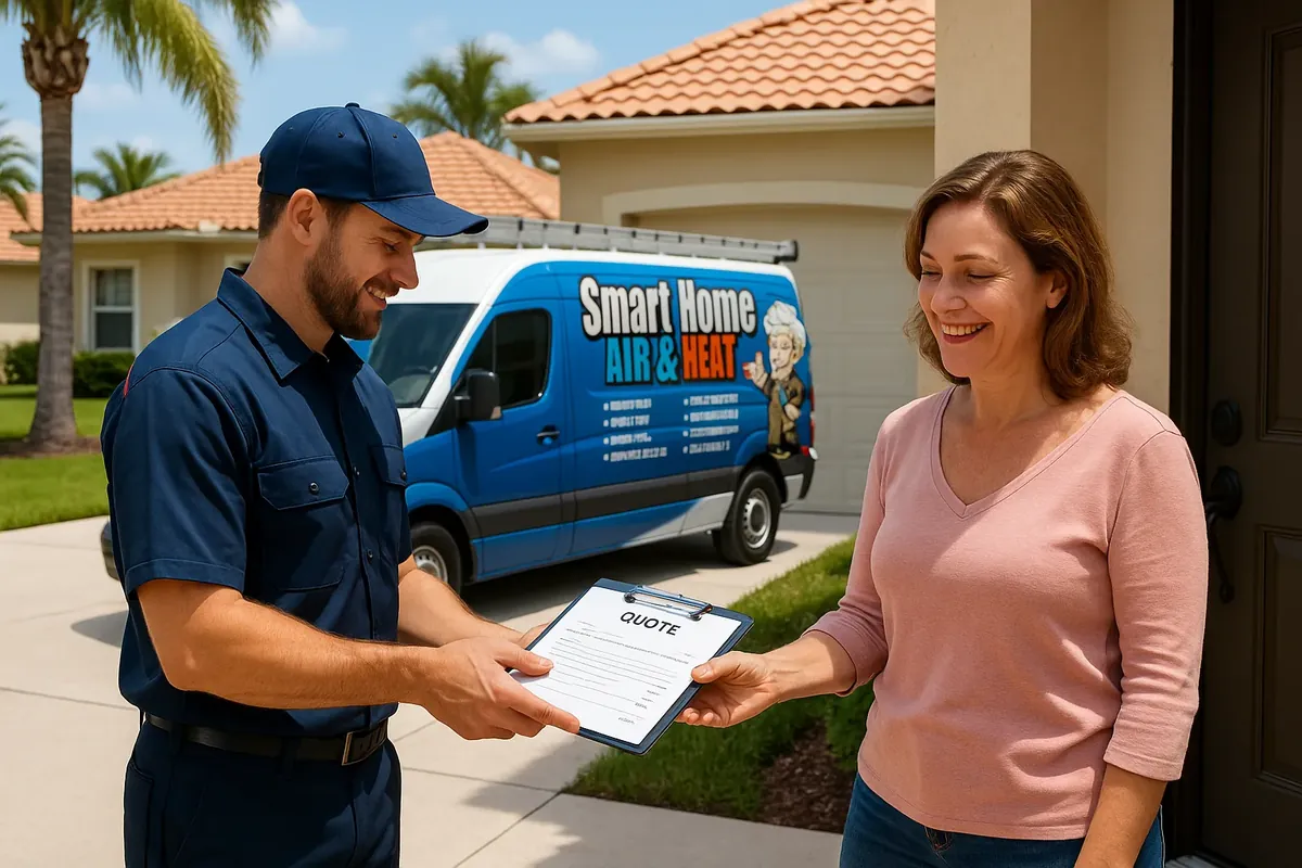 Smart Home Air & Heat technician presenting a written quote to a Maitland homeowner
